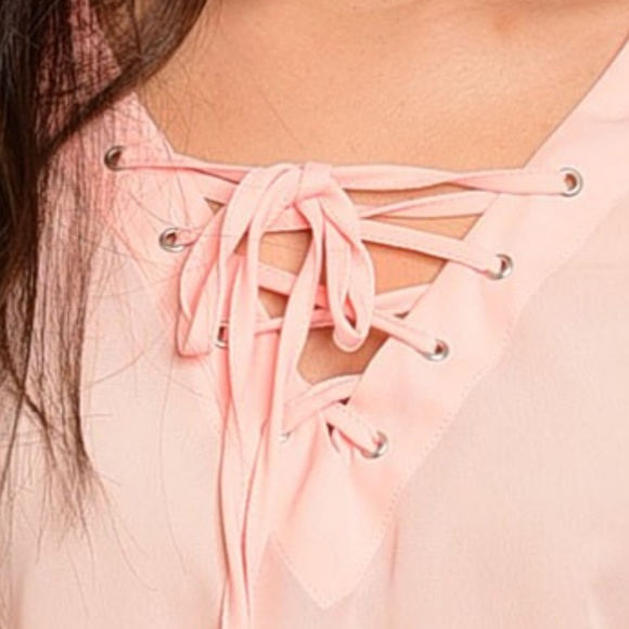 Peach Pink Lace Up Crochet Roll-Tab Blouse - Picture 2 of 7